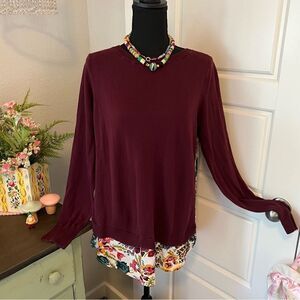 Loft Plum Maroon Knit Sweater Blouse Colorful Floral Ruffle Panel Sz M See‎ Dets
